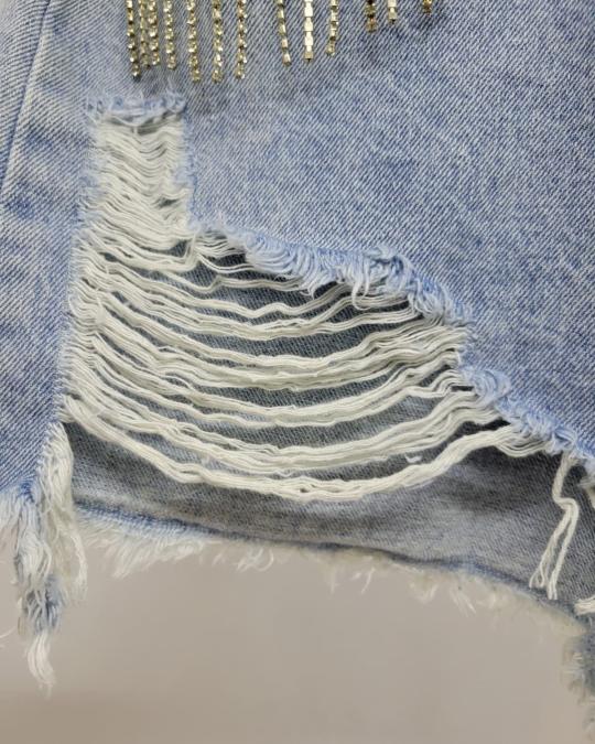 Shimmer & Shred: Cider Distressed Rhinestone Fringe Denim Shorts - Image 3