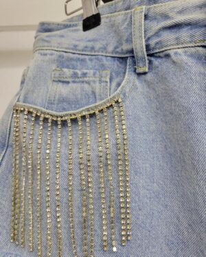 Alternative view of Shimmer & Shred: Cider Distressed Rhinestone Fringe Denim Shorts